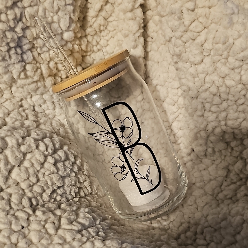 Glass Monogram Letter B Tumbler with Bamboo Lid and Straw
